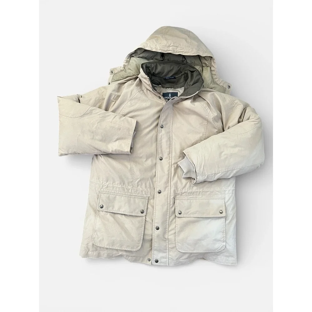 Vintage London Fog Mens Tan Down Filled Parka Hooded Coat Medium removable liner